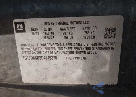 2013 Chevrolet Sonic Lt Manual z USA, uszkodzony, nr VIN 1G1JD6SB3D4245375